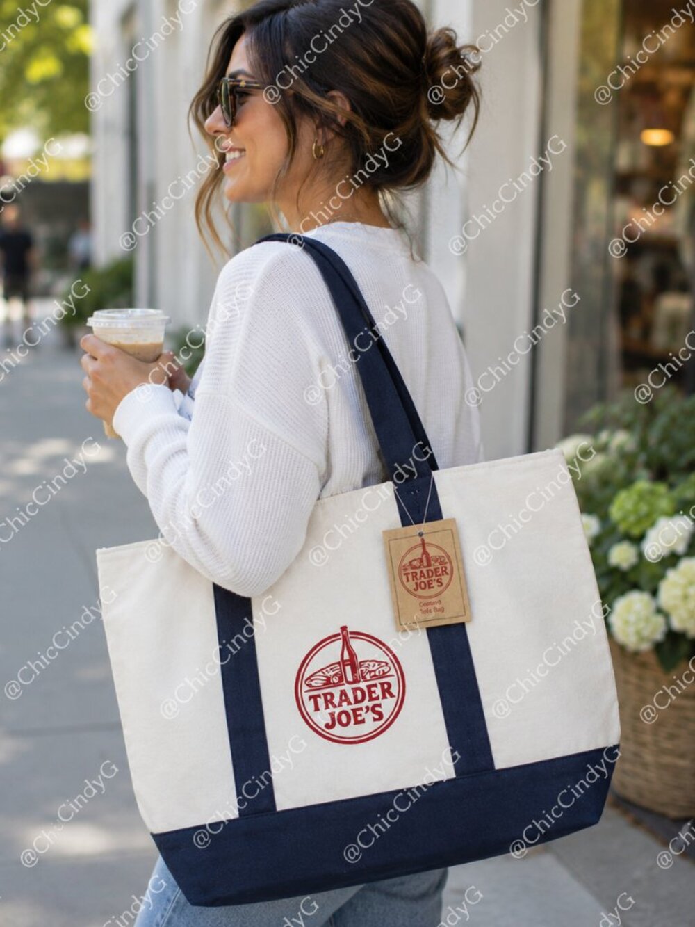 Trader Joe’s XL Canvas Tote Bag Cream Navy Red Logo Reusable Grocery